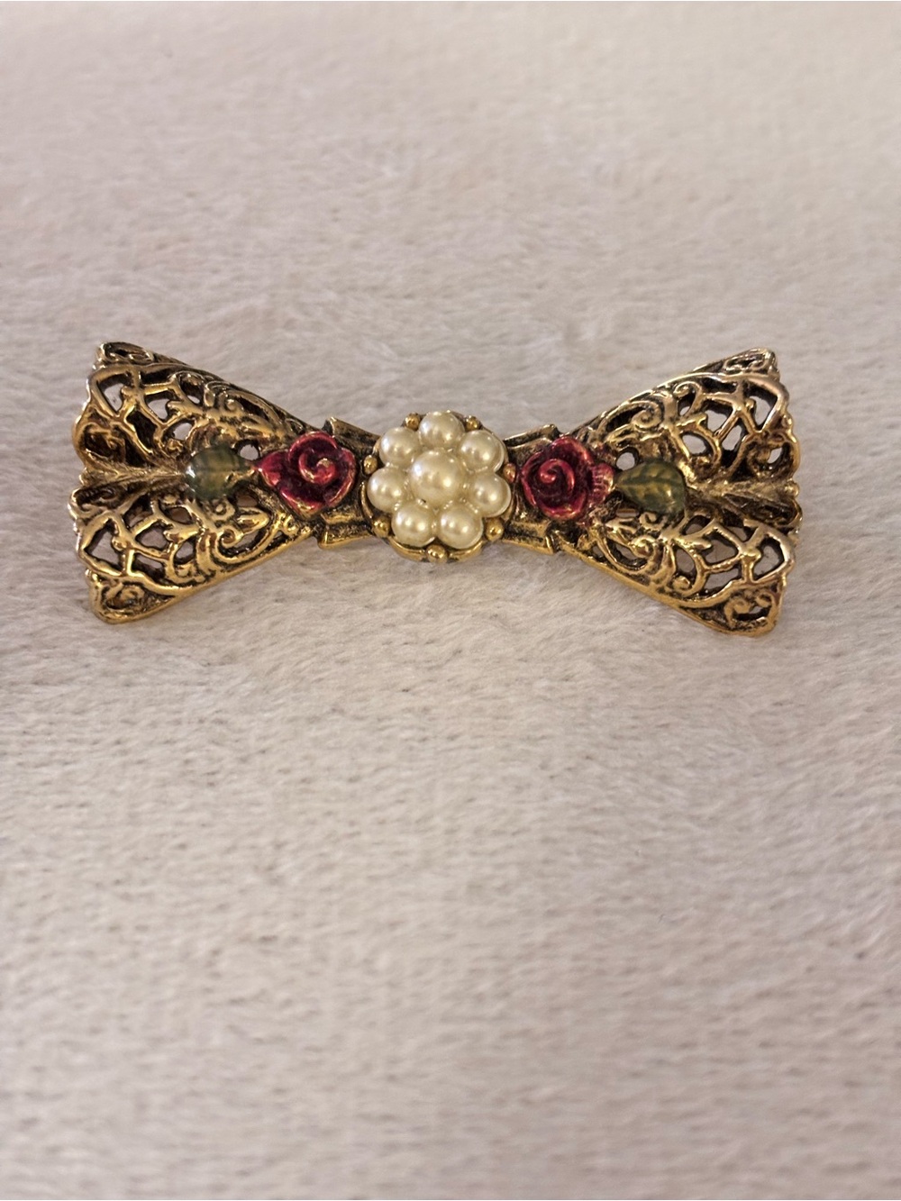 1928 Jewelry Vintage Gold Filigree Bow Brooch Pearl Pink Roses